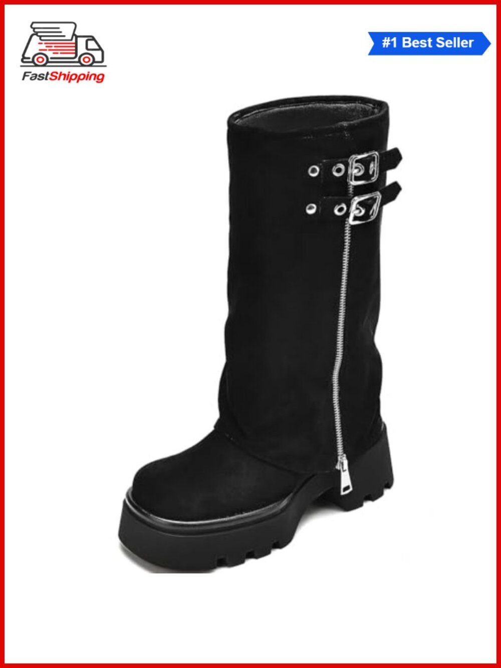 ✨ Knee High Moto Riding Boots Faux Leather Fold Over Block Heel Platform